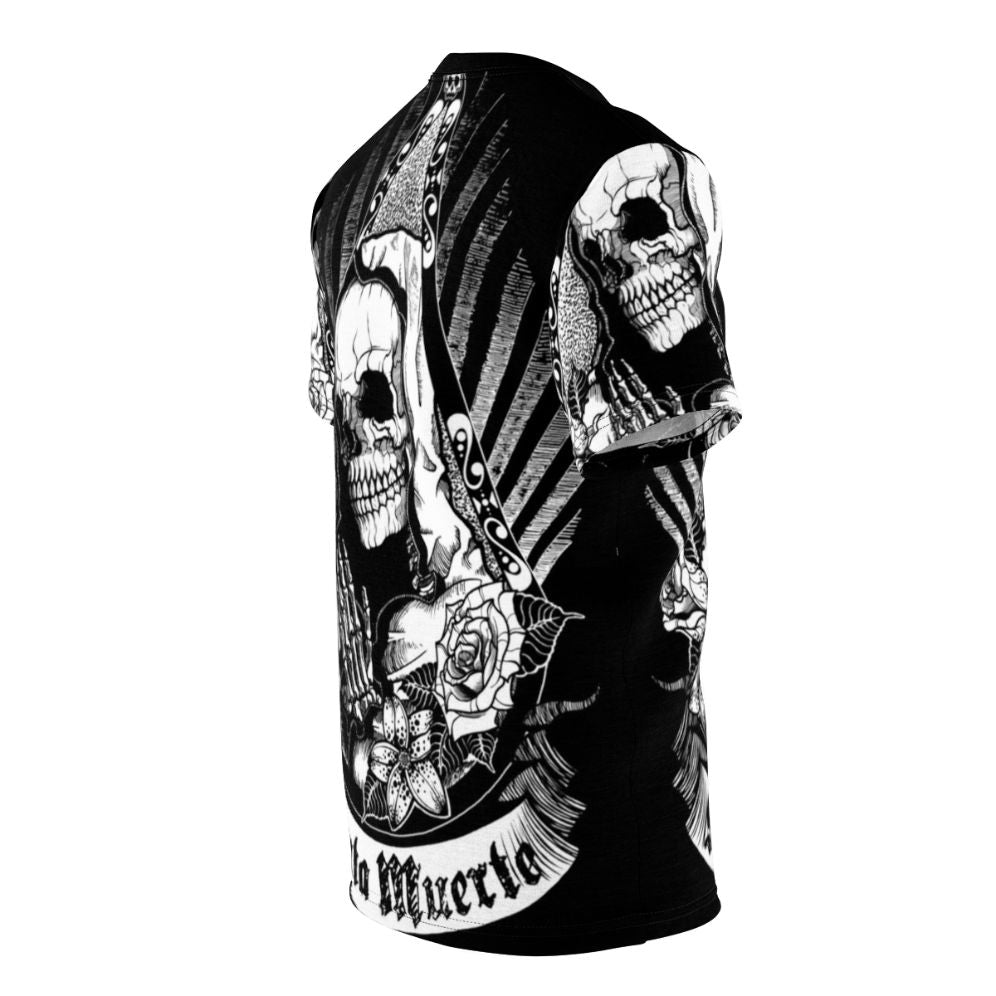 Dark graphic t-shirt with a Santa Muerte design featuring a skull, skeleton flowers, and occult symbols representing Mexican folklore and culture. - men right