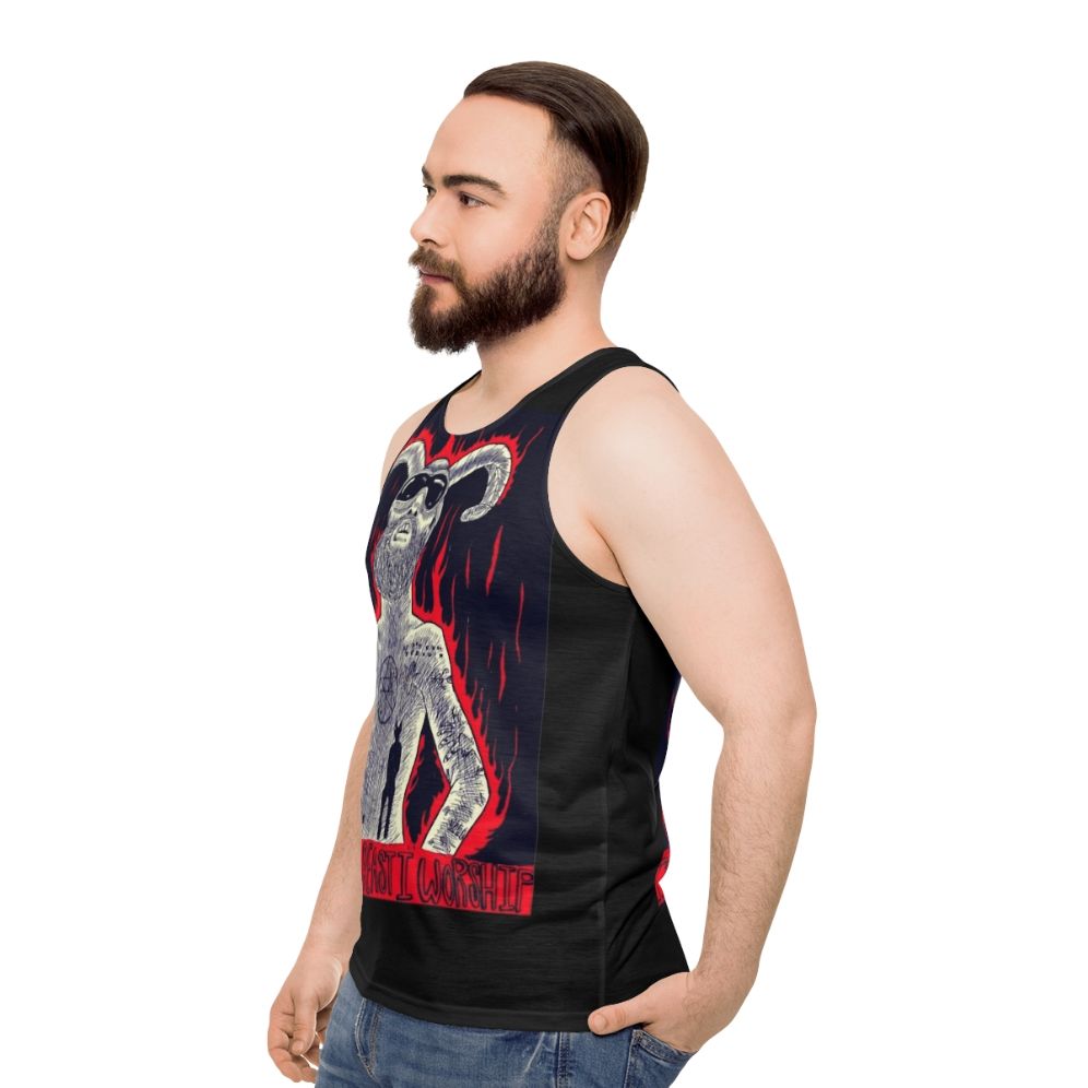 "Unisex tank top with 'I Am The Beast I Worship' design" - men side