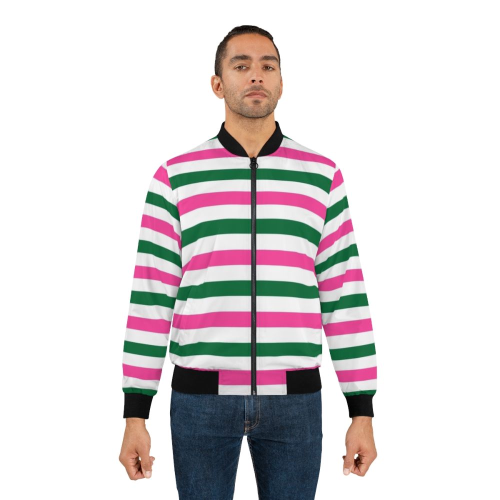 Deckchair-inspired striped bomber jacket in forest green and hot pink - Lifestyle