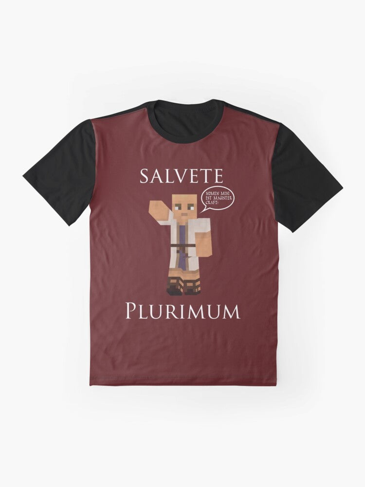 Magister Craft Graphic T-Shirt with Latin Minecraft Design "Salvete Plurimum! Nomen mihi est Magister Craft" - Flat lay