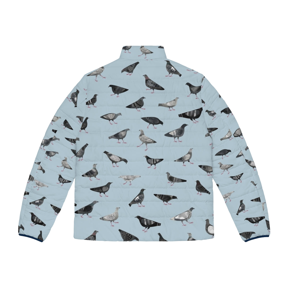 Puffer jacket with a repeating pattern of pigeons and doves in shades of gray - Back