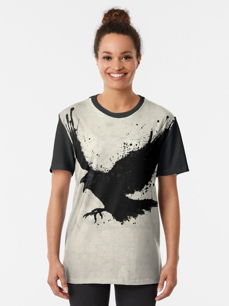 Raven graphic t-shirt with a sketch-style design featuring the mythical bird - Women