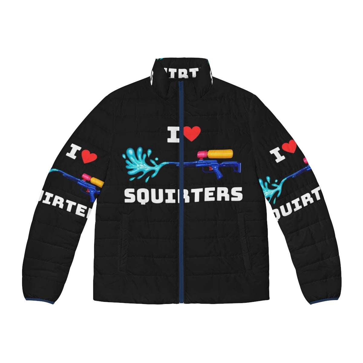 Squirrel lover puffer jacket with "I Love Squirters" graphic