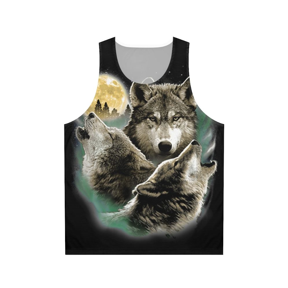 Unisex tank top with three wolves howling at the full moon in the wilderness