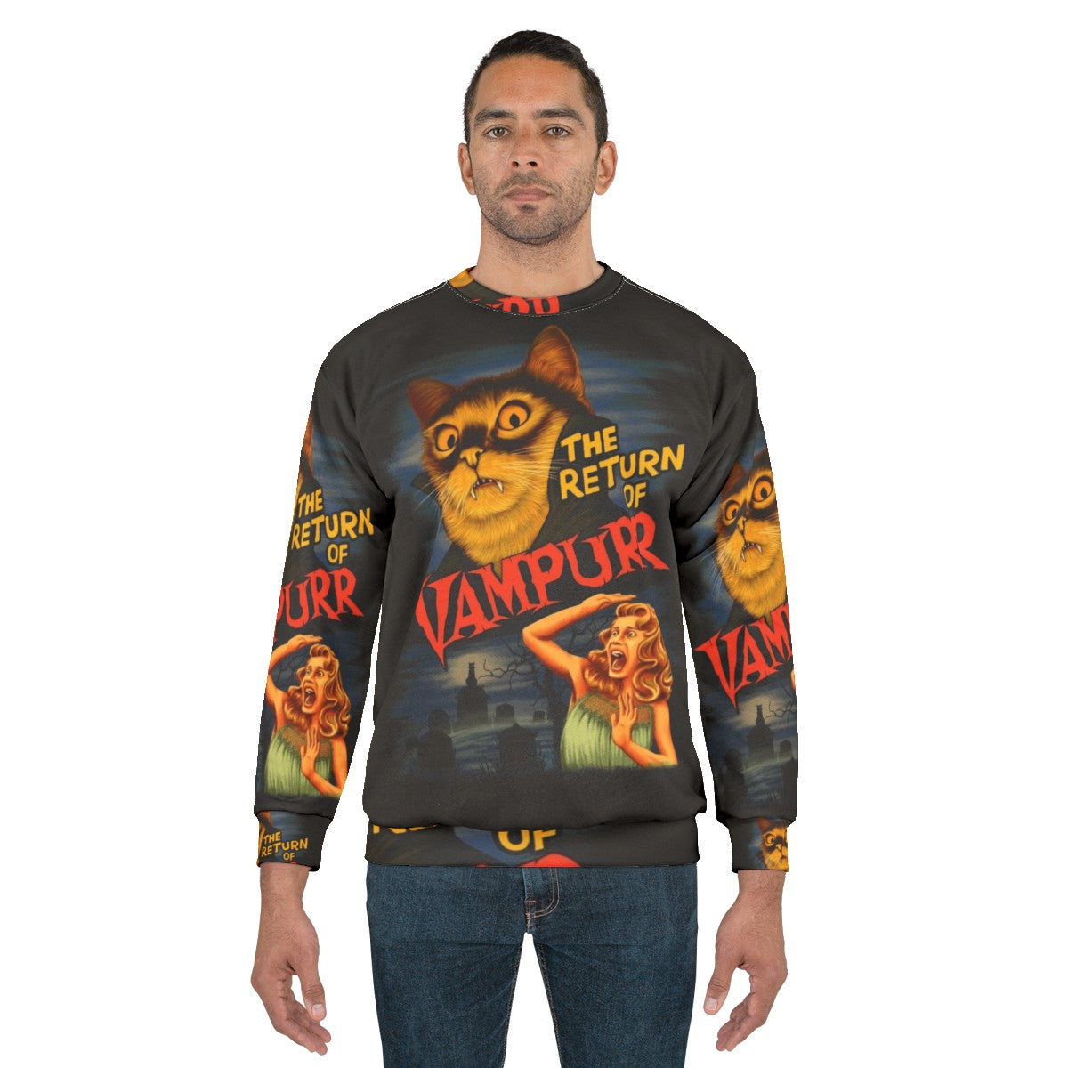 A spooky vampire cat sweatshirt design - men