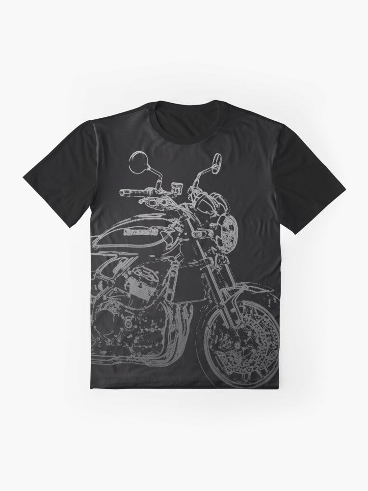 Kawasaki Z900RS motorcycle in a retro pencil silhouette graphic design - Flat lay