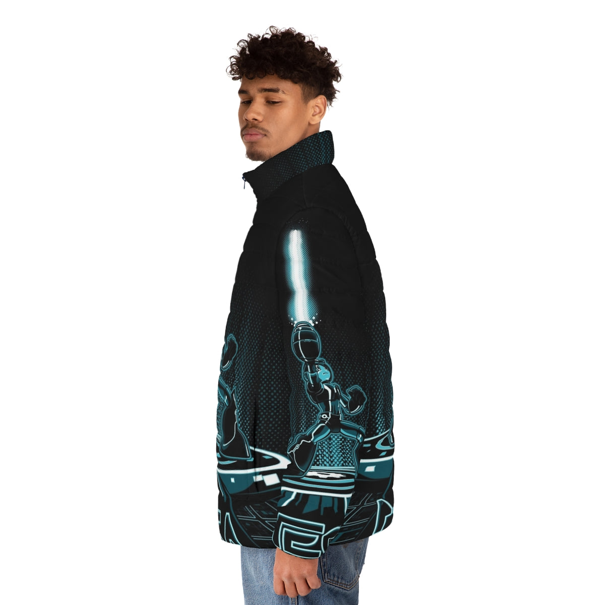 Mega 80s puffer jacket with video game and movie inspired design - men side left