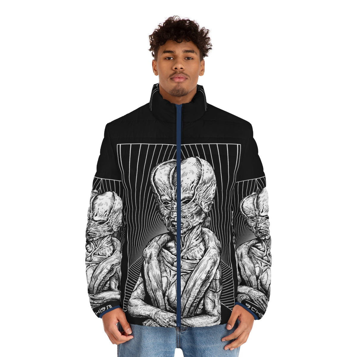 Schism Puffer Jacket featuring dark, gothic, and occult art design - men front