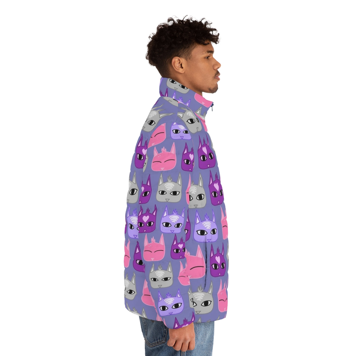 Colorful cats puffer jacket featuring the Dream Daddy Dadsona character - men side right