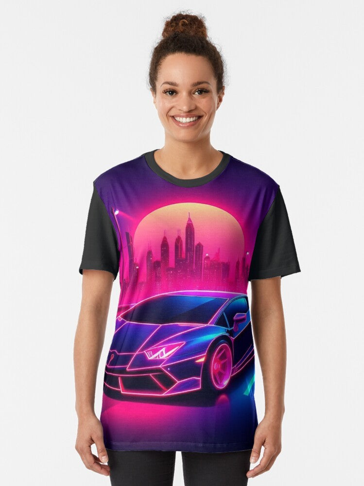 A synthwave-inspired graphic t-shirt featuring a neon-lit retro-style car against a sunset background. - Women