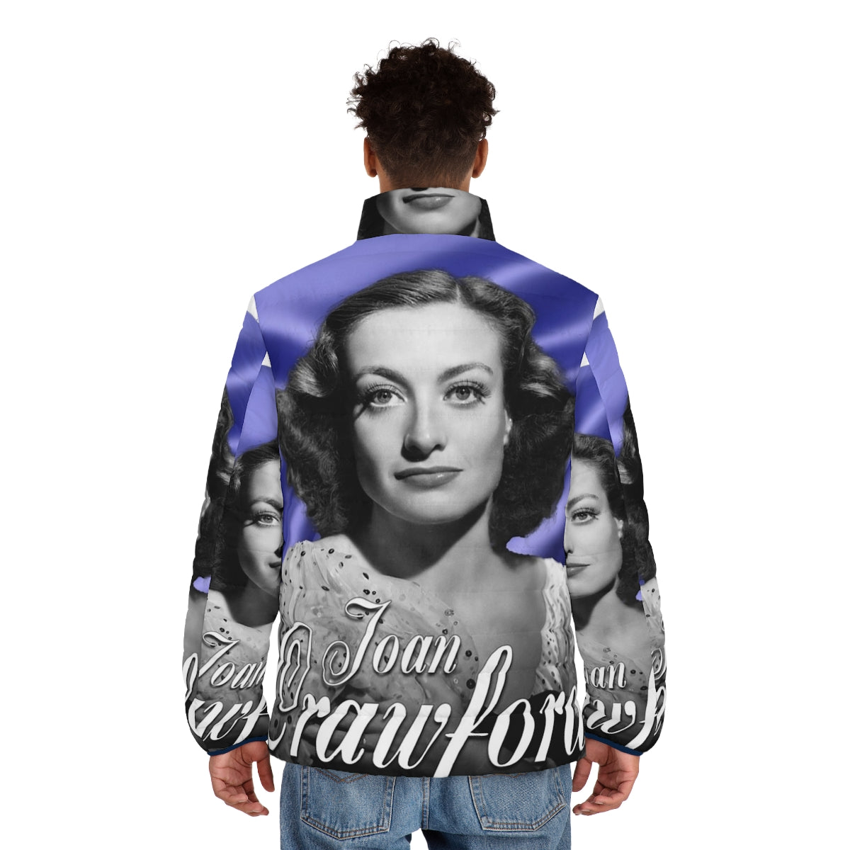 Vintage-style purple puffer jacket inspired by the iconic looks of Joan Crawford - men back