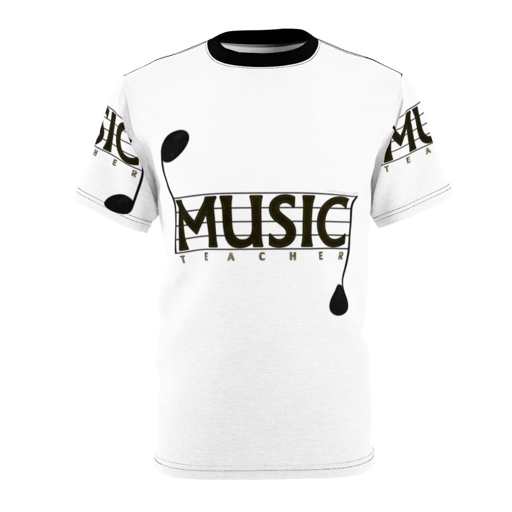 Stylish t-shirt design for music teachers featuring music staff, notes, and other musical elements.