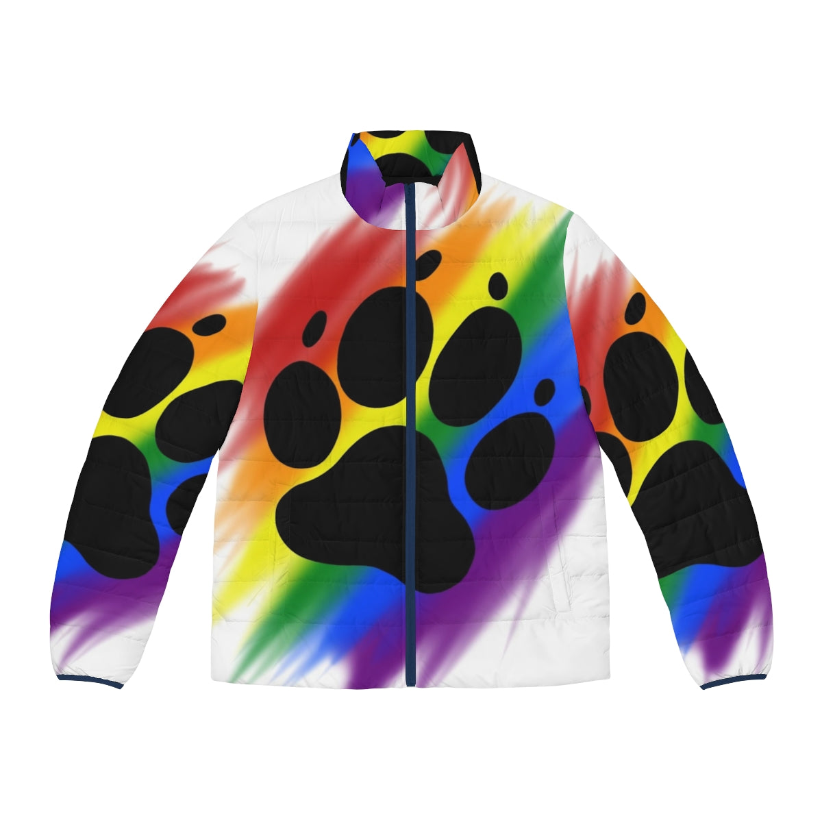 Colorful rainbow puffer jacket with dog paw print design