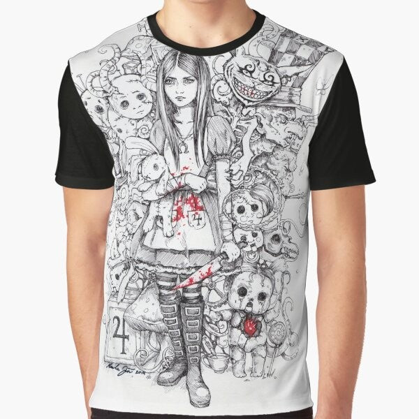 "Wonderland Shattered" graphic tshirt featuring a dark and surreal take on the Alice in Wonderland theme