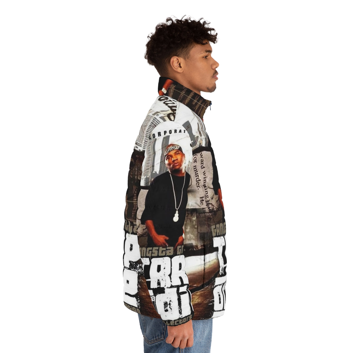 Trap music puffer jacket with vintage album cover design - men side right