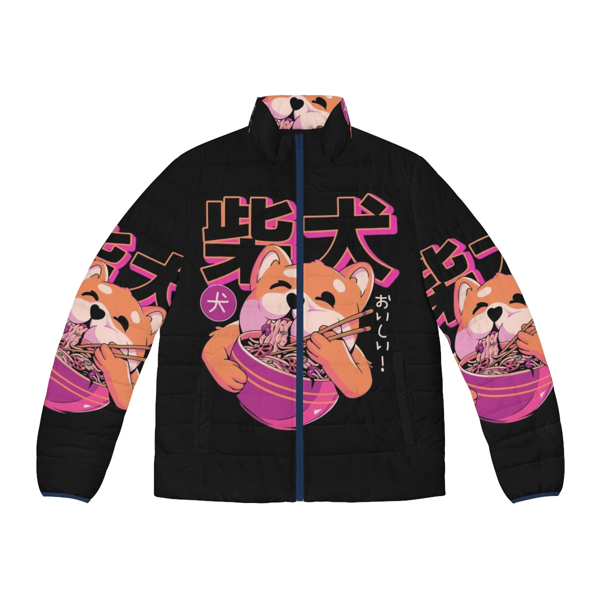 Shiba Noodles Puffer Jacket featuring a cute Shiba Inu dog and Japanese ramen noodles design