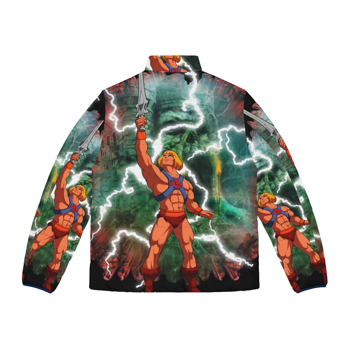 Retro art puffer jacket featuring He-Man and the Masters of the Universe characters - Back