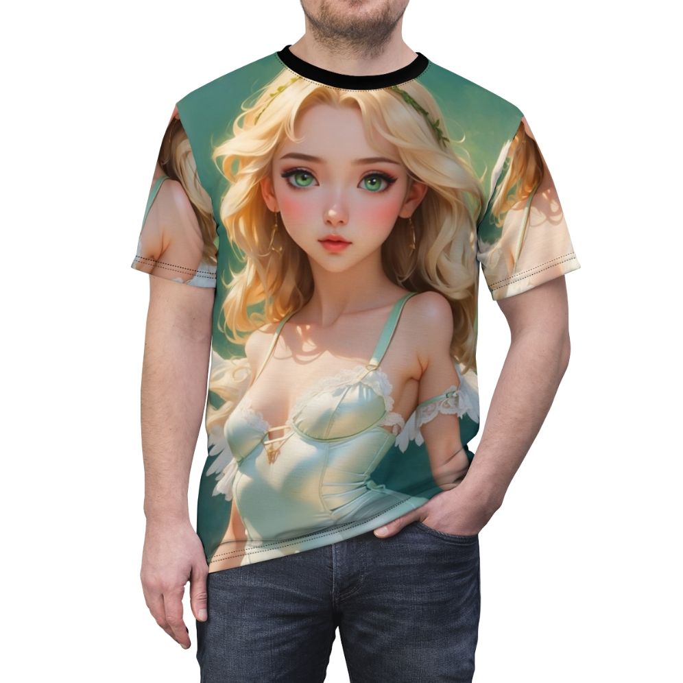 Artistic illustration of an anime-style character on a high-quality t-shirt - men front