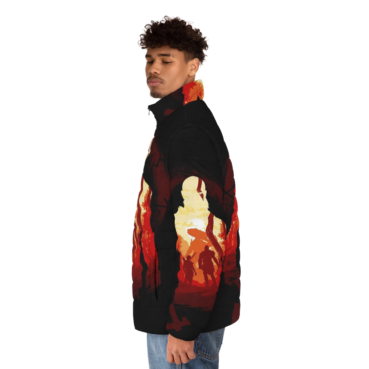 Adventure Of The Gods Puffer Jacket featuring Kratos and Atreus from God Of War - men side left