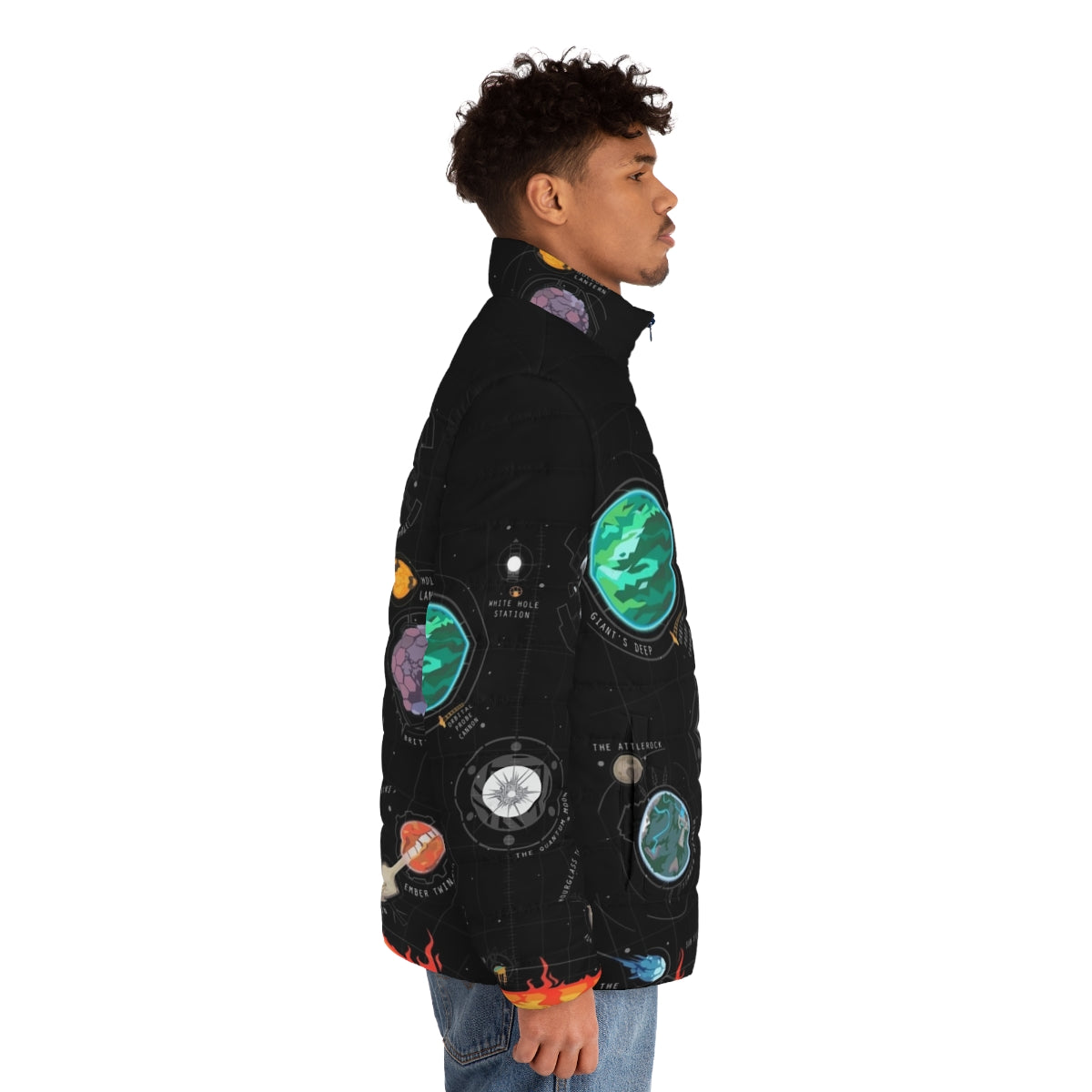 Outer Wilds Planetary Exploration Puffer Jacket featuring the Outer Wilds solar system and astral exploration - men side right