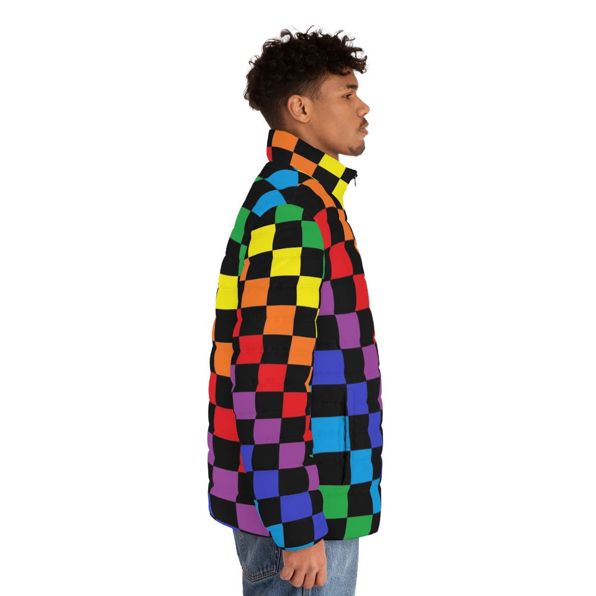 Colorful checkered puffer jacket with a rainbow pattern - men side right