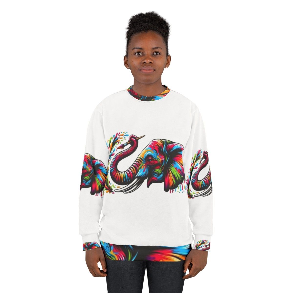 Colorful elephant painting on a cozy sweatshirt - women