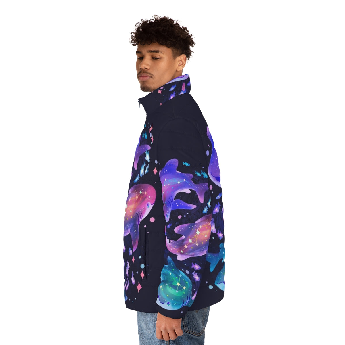 A vibrant puffer jacket featuring a cosmic whale shark design, perfect for outdoor adventures. - men side left