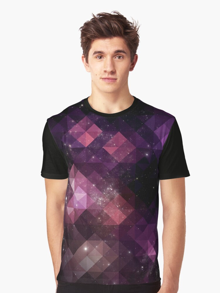 A vibrant graphic t-shirt featuring a space-inspired design with triangles, stars, and cosmic patterns in shades of pink, black, and purple. - Men