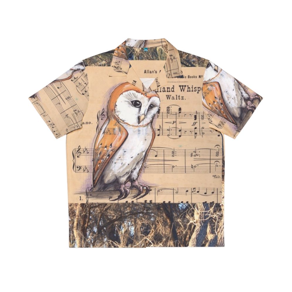 Tropical Hawaiian shirt with a design featuring a barn owl and musical notes in a woodland setting