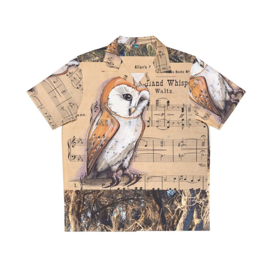 Tropical Hawaiian shirt with a design featuring a barn owl and musical notes in a woodland setting