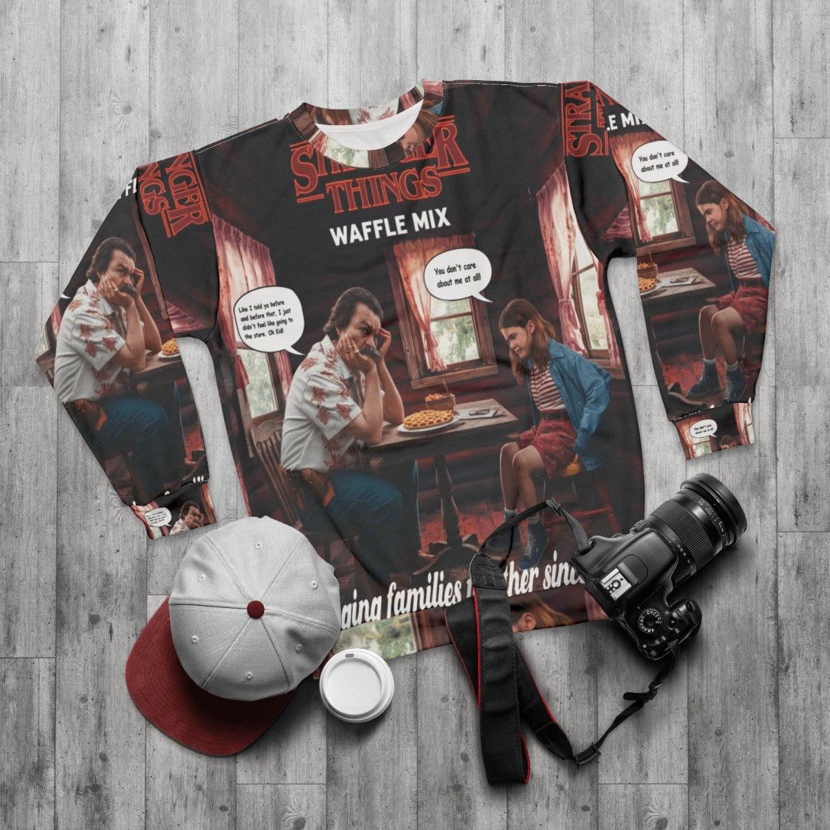 Stranger Things Netflix Merchandise Sweatshirt with Waffle Mix Design - flat lay