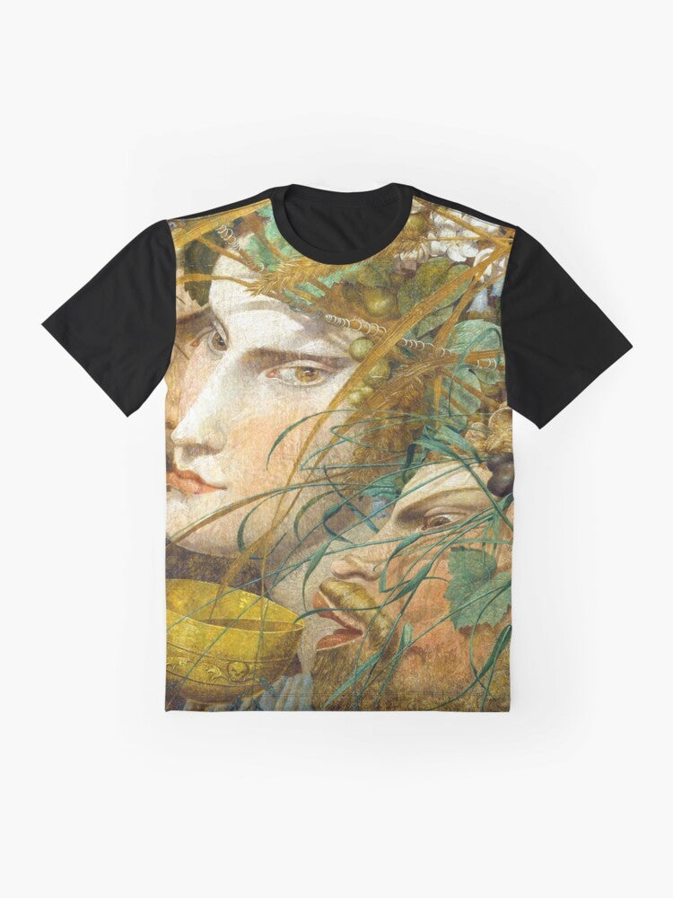 Graphic t-shirt featuring "Bacchanalian Scene" painting by Richard Dadd, depicting the mythological bacchanalia of Dionysus. - Flat lay