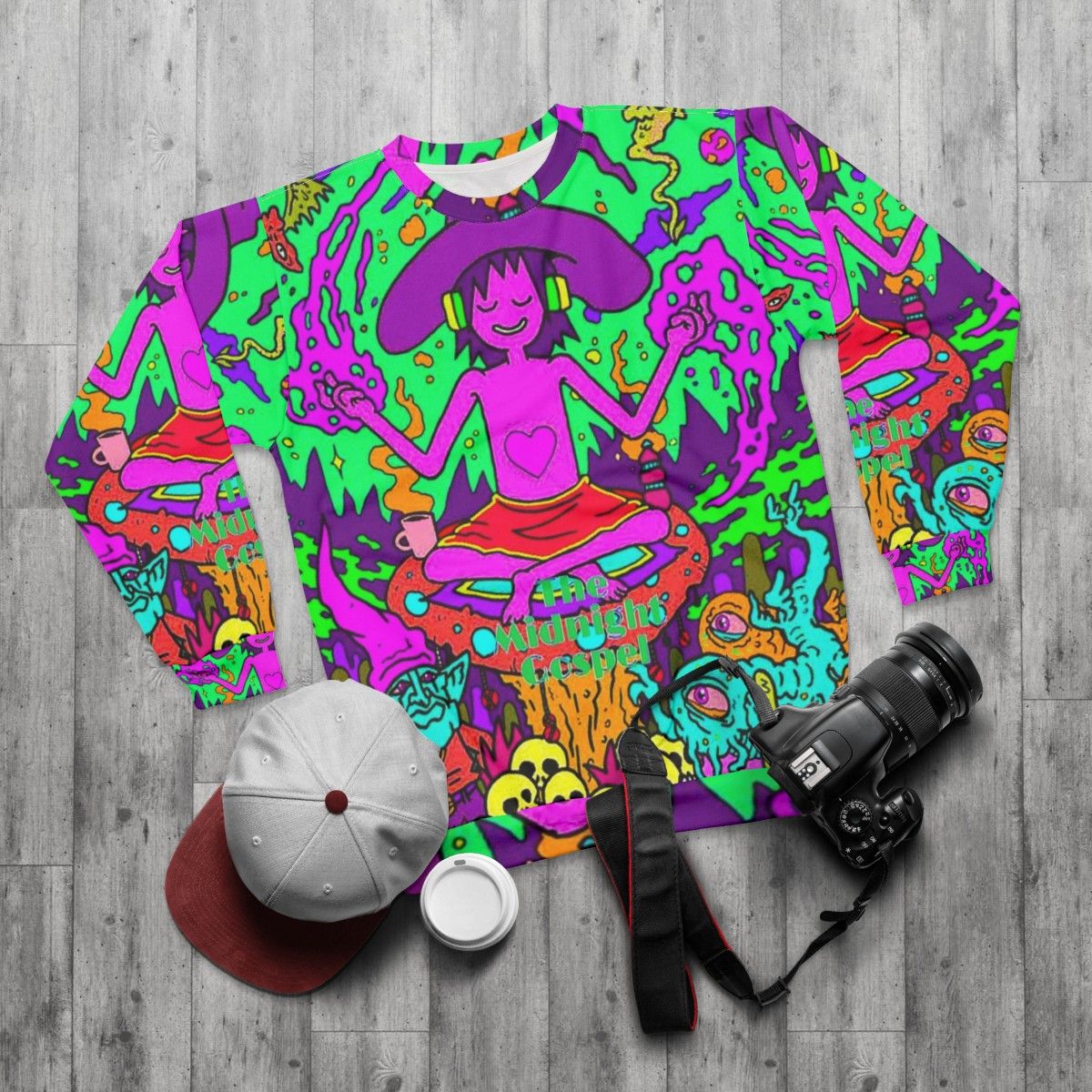 Vibrant "Midnight Gospel" abstract artwork sweatshirt - flat lay