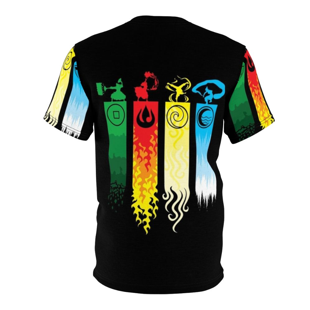 Graphic t-shirt design featuring Aang, the Avatar, and the four elements of water, fire, air, and earth. - Back