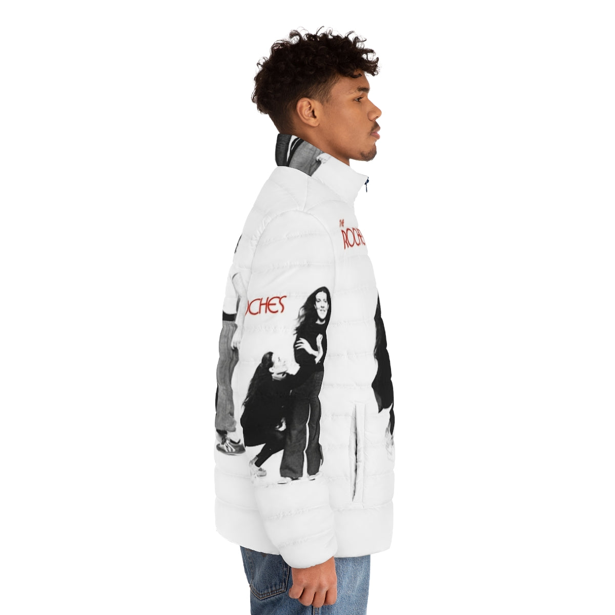 A cozy puffer jacket featuring the iconic folk band The Roches - men side right