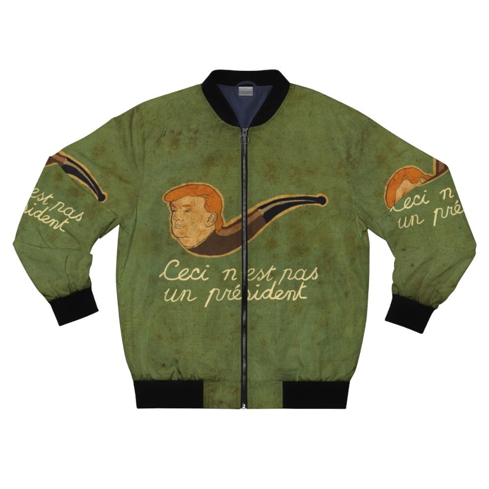 Surreal bomber jacket with "This is Not a President" design, inspired by Rene Magritte's surrealist artwork