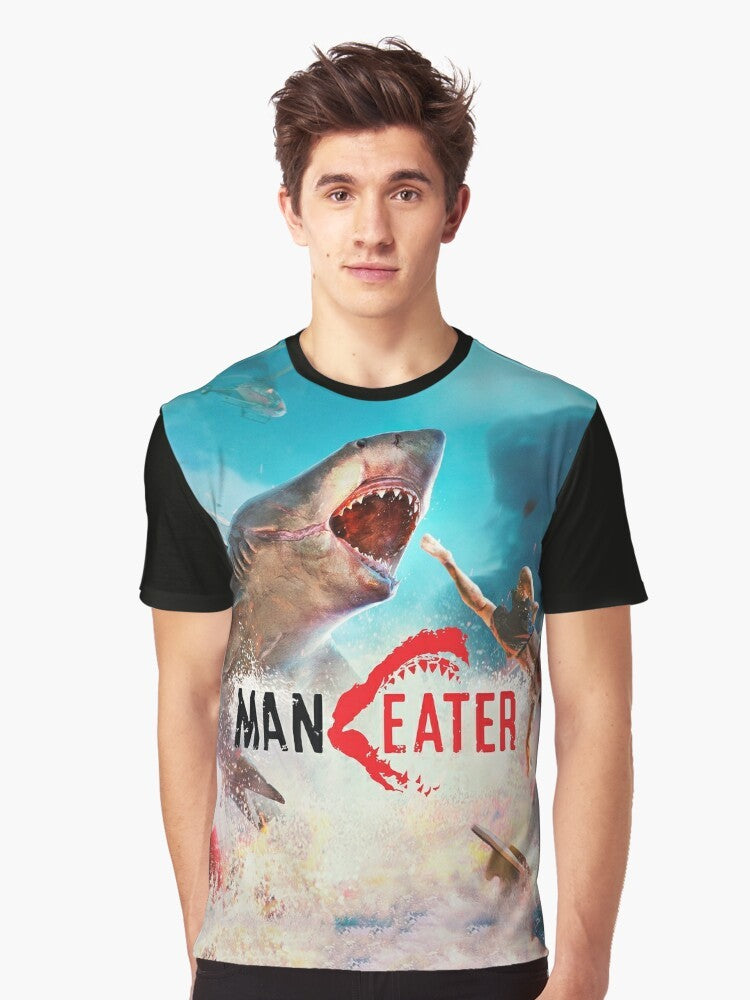 A graphic t-shirt featuring a shark hunting design, perfect for fans of the Maneater game and shark enthusiasts. - Men