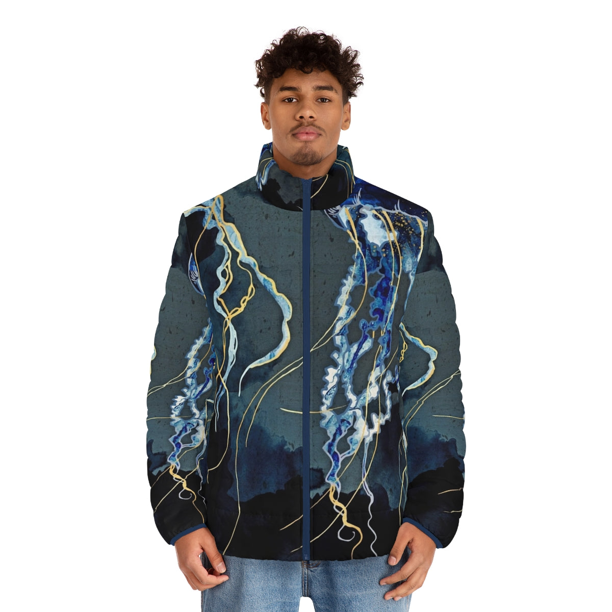 Metallic Ocean III Contemporary Puffer Jacket in blue and gold tones - men front