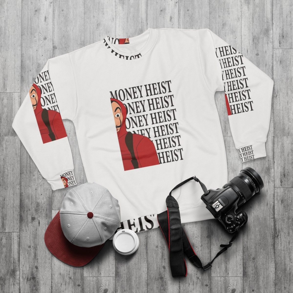 Money Heist Sweatshirt featuring the iconic characters from the Netflix series - flat lay