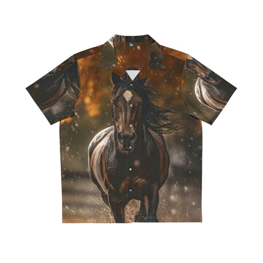 A Hawaiian shirt featuring a bay horse in the rain during autumn