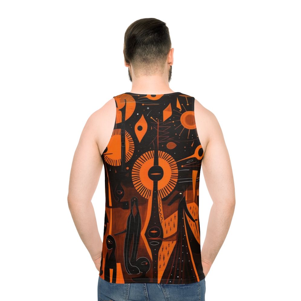 Unisex tank top with nature-inspired woodcut artwork featuring ancient spiritual symbols - men back