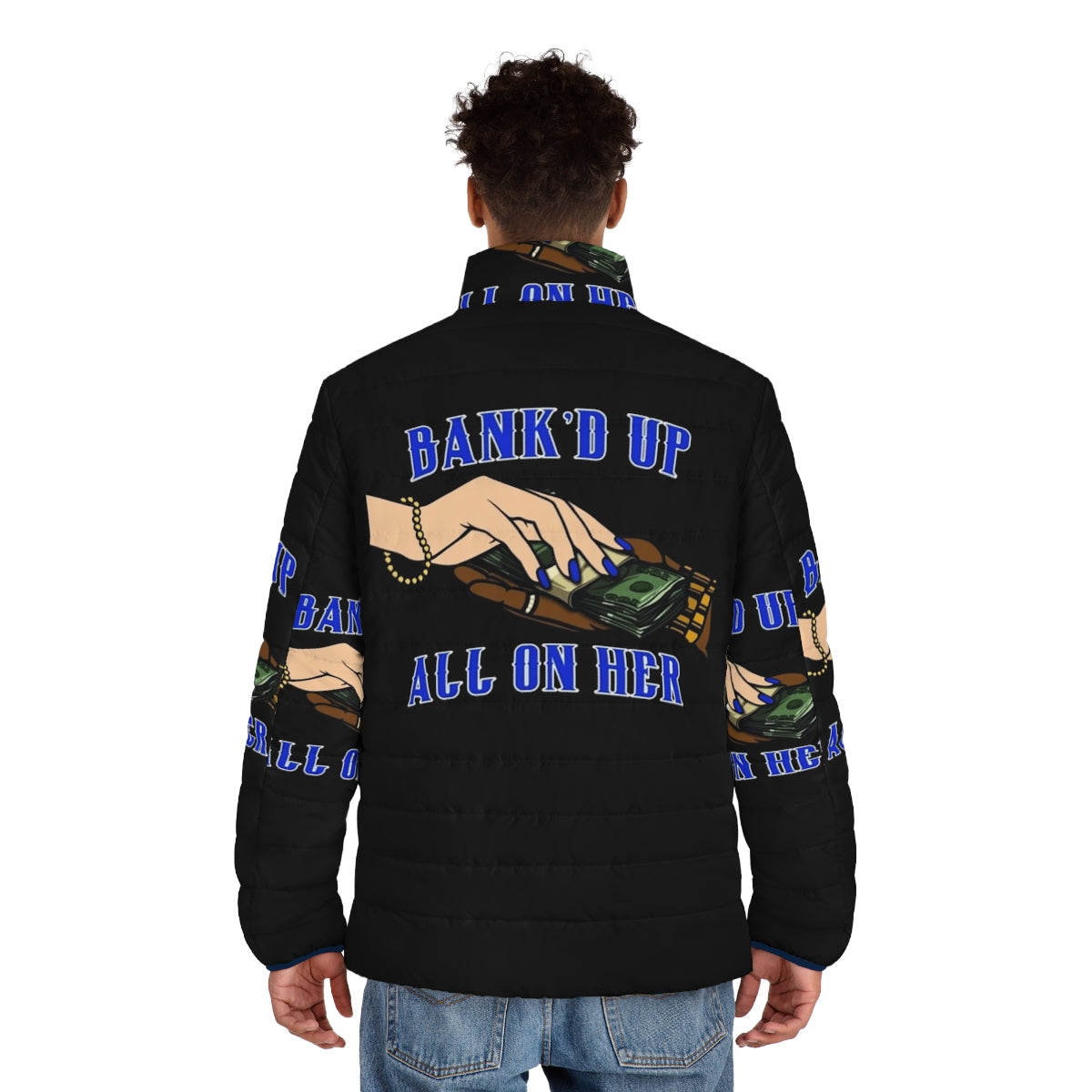 Blue and black puffer jacket with rapper merchandise design - men back