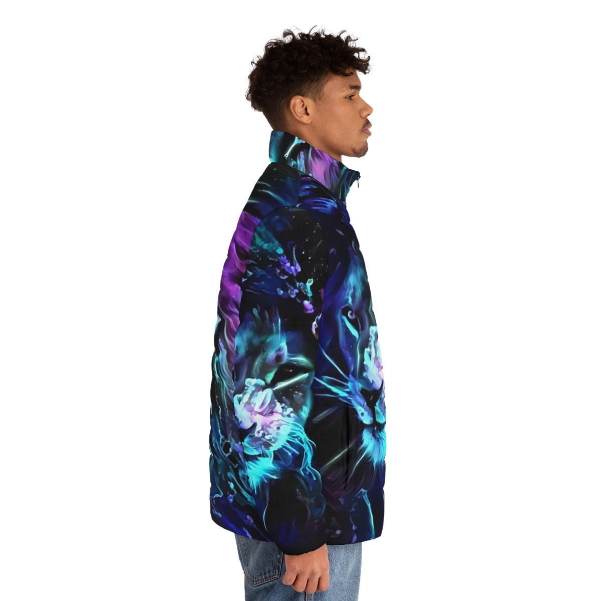 Neon lion puffer jacket with glowing blue, purple, and teal accents - men side right