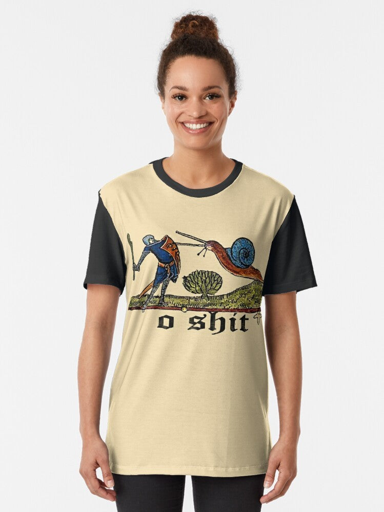 A medieval knight battling a snail, medieval graphic t-shirt design - Women