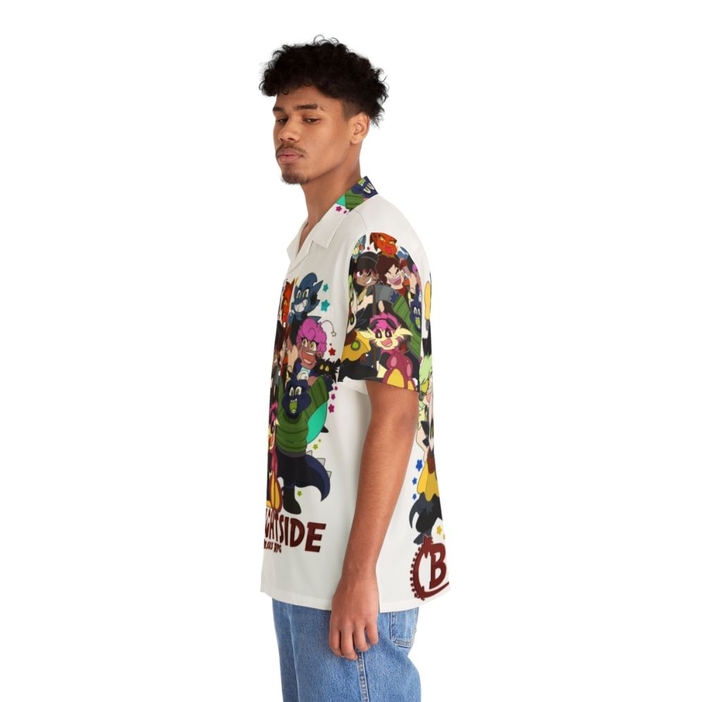 Bright Hawaiian shirt with chibi superhero and villain designs - People Left