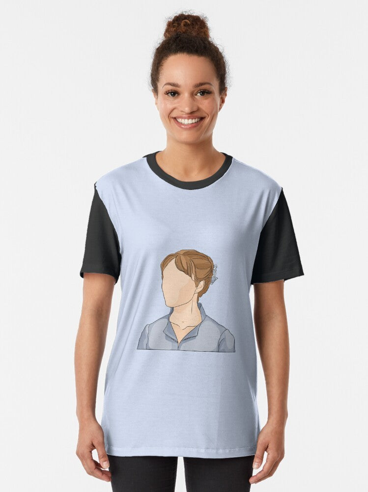 Daphne Bridgerton from the Netflix series Bridgerton wearing a baby blue graphic t-shirt with an aesthetic design - Women