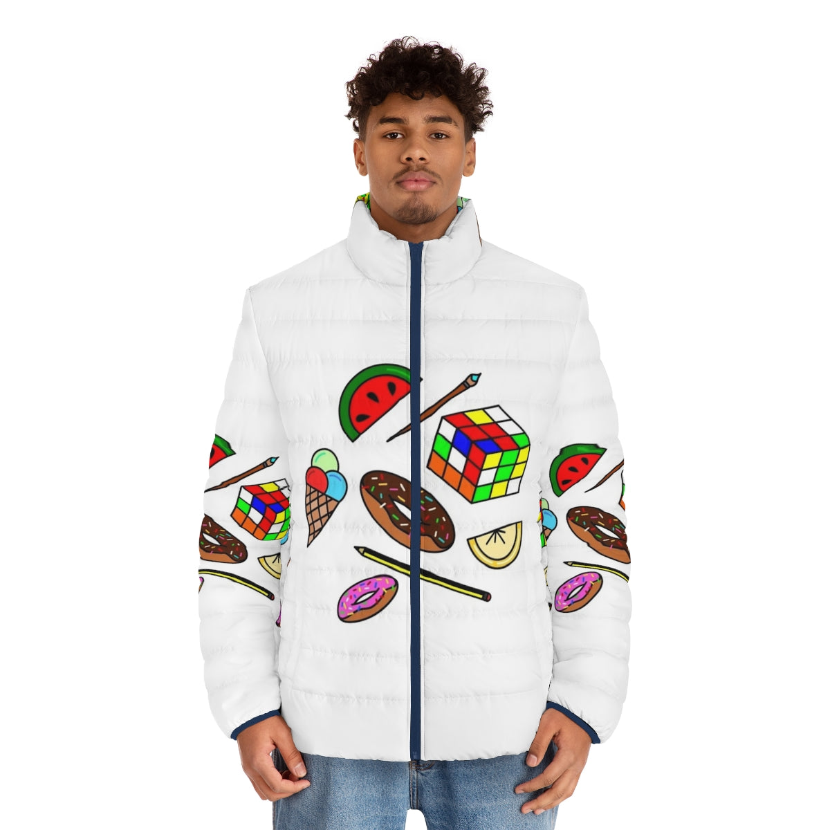 Colorful puffer jacket with hobbies and food designs for kids - men front