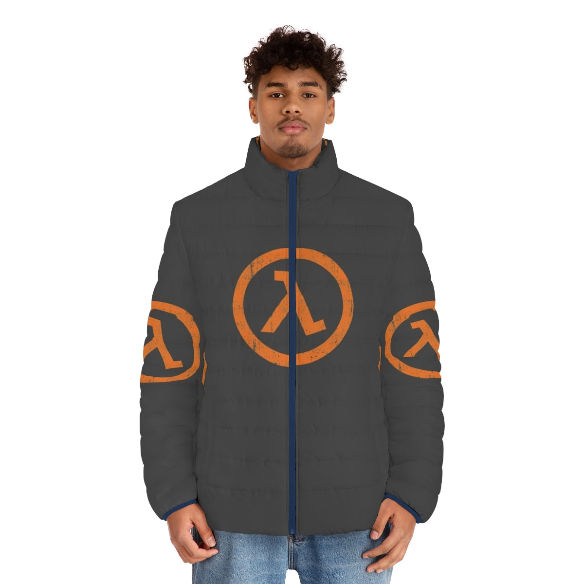 Half Life Lambda Symbol Puffer Jacket - gaming inspired outerwear with lambda symbol - men front