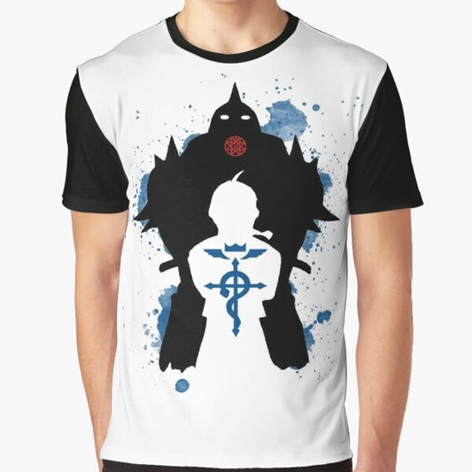 Fullmetal Alchemist anime t-shirt featuring the iconic alchemist brothers, Edward and Alphonse Elric, and the Fullmetal Alchemist Brotherhood logo.