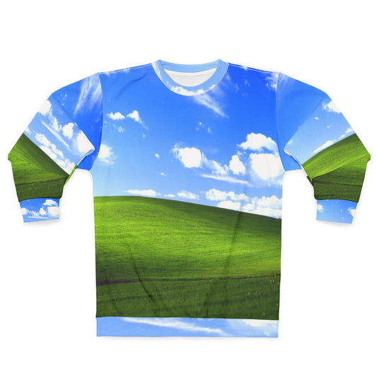 Vintage Windows XP default desktop background printed on a comfortable sweatshirt